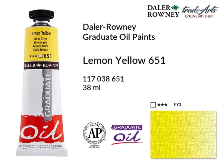 Farby olejne 38 ml Graduate Oil Colours Daler-Rowney, Daler-Rowney - farby olejne Graduate Oil 38 ml, farba olejna Lemon Yellow 651 tuba 38 ml Graduate Oil Daler-Rowney, farba olejna, tradearts,
