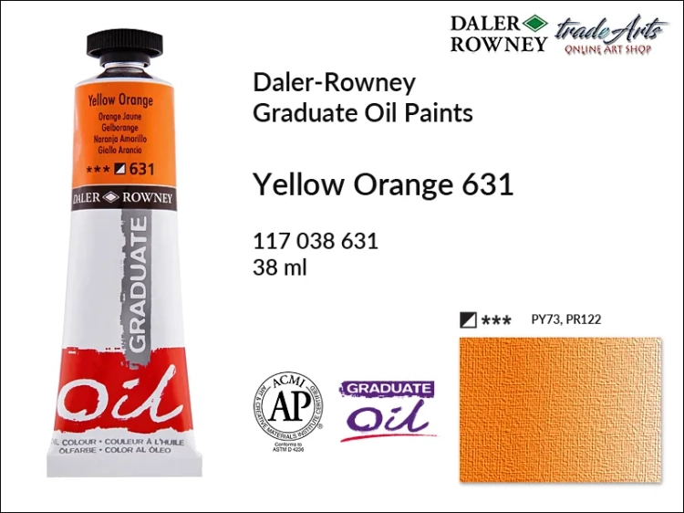 Farby olejne 38 ml Graduate Oil Colours Daler-Rowney, Daler-Rowney - farby olejne Graduate Oil 38 ml, farba olejna Yellow Orange 631 tuba 38 ml Graduate Oil Daler-Rowney, farba olejna, tradearts,