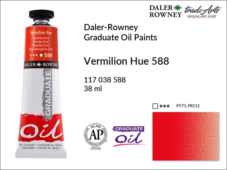 Farby olejne 38 ml Graduate Oil Colours Daler-Rowney, Daler-Rowney - farby olejne Graduate Oil 38 ml, farba olejna Vermilion Hue 588 tuba 38 ml Graduate Oil Daler-Rowney, farba olejna, tradearts,