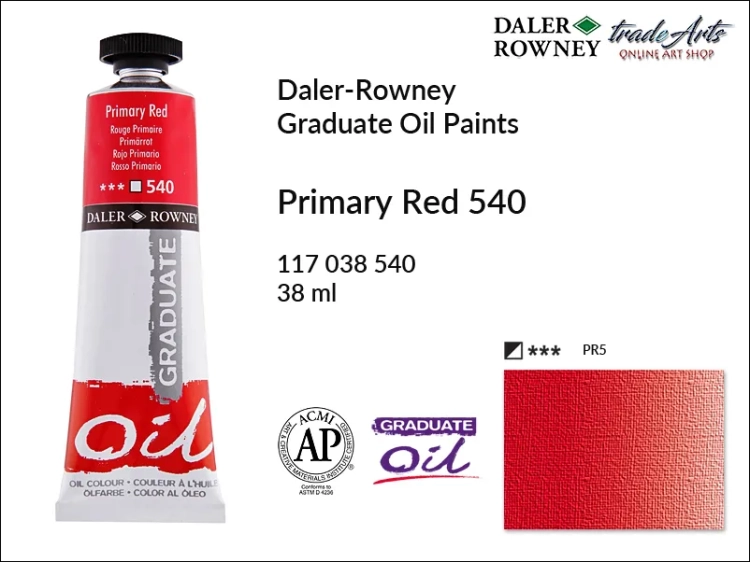 Farby olejne 38 ml Graduate Oil Colours Daler-Rowney, Daler-Rowney - farby olejne Graduate Oil 38 ml, farba olejna Primary Red 540 tuba 38 ml Graduate Oil Daler-Rowney, farba olejna, tradearts,