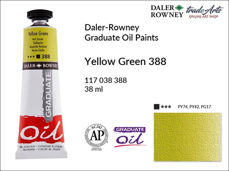 Farby olejne 38 ml Graduate Oil Colours Daler-Rowney, Daler-Rowney - farby olejne Graduate Oil 38 ml, farba olejna Yellow Green 388 tuba 38 ml Graduate Oil Daler-Rowney, farba olejna, tradearts,