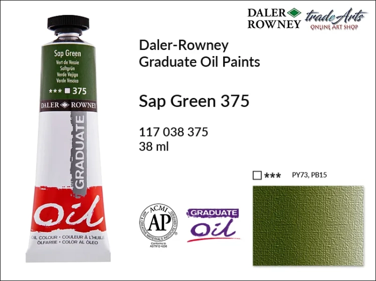 Farby olejne 38 ml Graduate Oil Colours Daler-Rowney, Daler-Rowney - farby olejne Graduate Oil 38 ml, farba olejna Sap Green 375 tuba 38 ml Graduate Oil Daler-Rowney, farba olejna, tradearts,