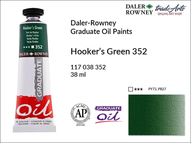 Farby olejne 38 ml Graduate Oil Colours Daler-Rowney, Daler-Rowney - farby olejne Graduate Oil 38 ml, farba olejna Hooker's Green 352 tuba 38 ml Graduate Oil Daler-Rowney, farba olejna, tradearts,