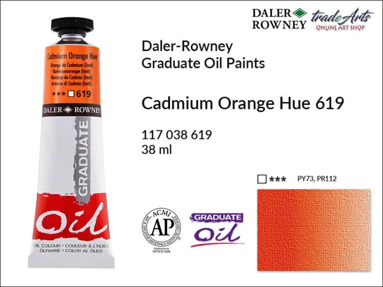 Farby olejne 38 ml Graduate Oil Colours Daler-Rowney, Daler-Rowney - farby olejne Graduate Oil 38 ml, farba olejna  Cadmium Orange Hue 619 tuba 38 ml Graduate Oil Daler-Rowney, farba olejna, tradearts,
