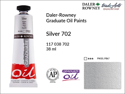 Farby metaliczne olejne 38 ml Graduate Oil Colours Daler-Rowney, Daler-Rowney - farby metaliczne olejne Graduate Oil 38 ml, farba olejna Silver 702 tuba 38 ml Graduate Oil D-R, farba olejna metaliczna, tradearts,