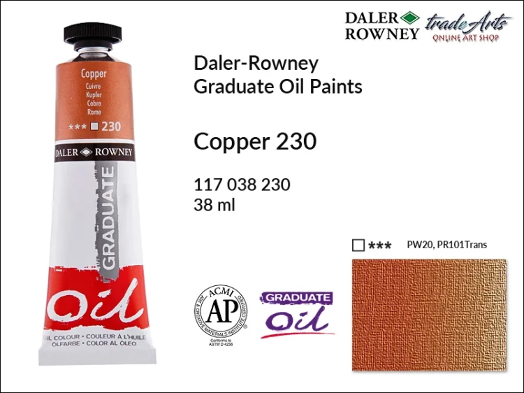 Farby metaliczne olejne 38 ml Graduate Oil Colours Daler-Rowney, Daler-Rowney - farby metaliczne olejne Graduate Oil 38 ml, farba olejna Copper 230 tuba 38 ml Graduate Oil D-R, farba olejna metaliczna, tradearts,