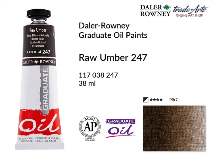 Farby olejne 38 ml Graduate Oil Colours Daler-Rowney, Daler-Rowney - farby olejne Graduate Oil 38 ml, farba olejna Raw Umber 247 tuba 38 ml Graduate Oil Daler-Rowney, farba olejna, tradearts,