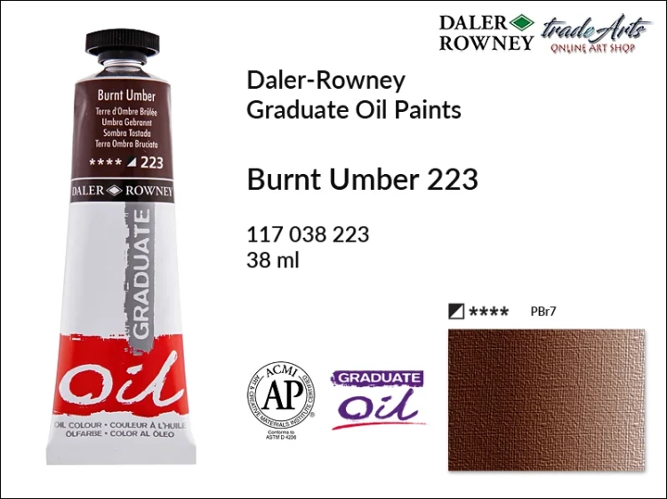 Farby olejne 38 ml Graduate Oil Colours Daler-Rowney, Daler-Rowney - farby olejne Graduate Oil 38 ml, farba olejna Burnt Umber 223 tuba 38 ml Graduate Oil Daler-Rowney, farba olejna, tradearts,