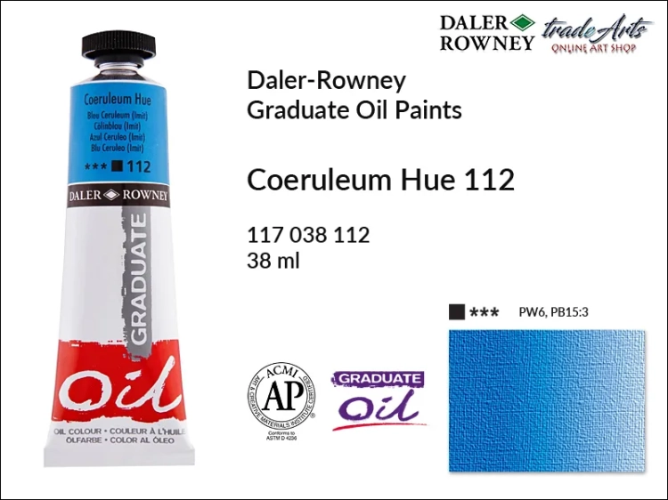 Farby olejne 38 ml Graduate Oil Colours Daler-Rowney, Daler-Rowney - farby olejne Graduate Oil 38 ml, farba olejna Coeruleum Hue 112 tuba 38 ml Graduate Oil Daler-Rowney, farba olejna, tradearts,