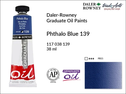 Farby olejne 38 ml Graduate Oil Colours Daler-Rowney, Daler-Rowney - farby olejne Graduate Oil 38 ml, farba olejna Phthalo Blue 139 tuba 38 ml Graduate Oil Daler-Rowney, farba olejna, tradearts,