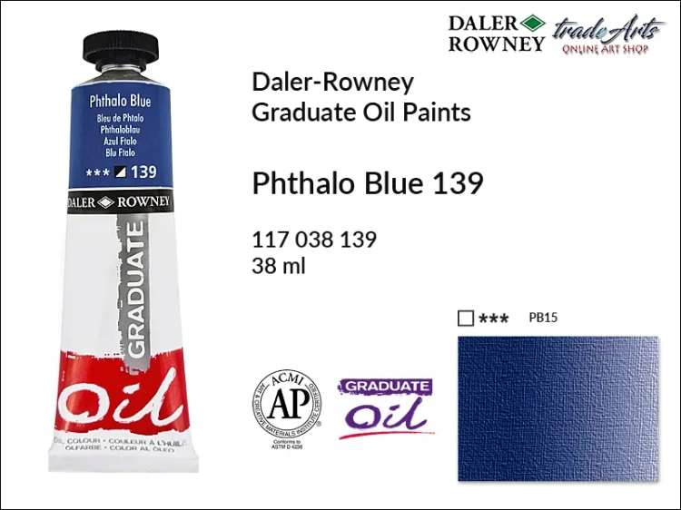 Farby olejne 38 ml Graduate Oil Colours Daler-Rowney, Daler-Rowney - farby olejne Graduate Oil 38 ml, farba olejna Phthalo Blue 139 tuba 38 ml Graduate Oil Daler-Rowney, farba olejna, tradearts,