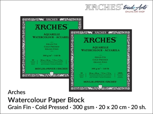 Blok akwarelowy Arches 20x 20 cm,  Arches Watercolour Block Grain Fin CP 20 x 20 cm,  Arches Aquarelle Block Grain Fin CP 20 x 20 cm, blok akwarelowy prasowany na zimno Arches, bloki akwarelowe, Arches,