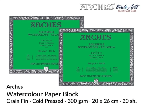 Blok akwarelowy Arches 20x 26 cm,  Arches Watercolour Block Grain Fin CP 20 x 26 cm,  Arches Aquarelle Block Grain Fin CP 20 x 26 cm, blok akwarelowy prasowany na zimno Arches, bloki akwarelowe, Arches,