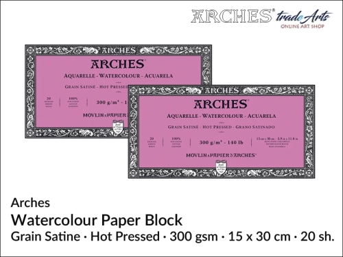 Blok akwarelowy Arches 15 x 30 cm,  Arches Watercolour Block Grain Satine HP 15 x 30 cm,  Arches Aquarelle Block Grain Satine HP 15 x 30 cm, blok akwarelowy prasowany na gorąco Arches, bloki akwarelowe, Arches,