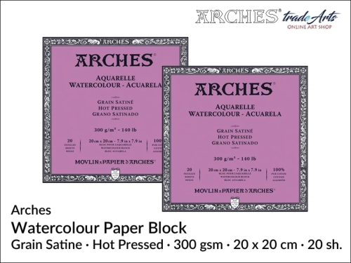 Blok akwarelowy Arches 20 x 20 cm,  Arches Watercolour Block Grain Satine HP 20 x 20 cm,  Arches Aquarelle Block Grain Satine HP 20 x 20 cm, blok akwarelowy prasowany na gorąco Arches, bloki akwarelowe, Arches,