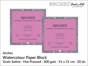  Arches Aquarelle blok akwarelowy satynowy gładki prasowany na gorąco, 300 gsm, 31 x 31 cm, 20 ark.