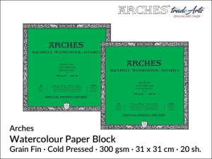  Arches Aquarelle blok akwarelowy drobnoziarnisty prasowany na zimno, 300 gsm, 31 x31 cm, 20 ark.
