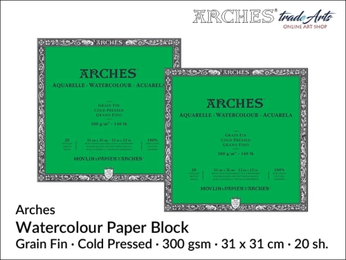 Blok akwarelowy Arches 31 x 31 cm,  Arches Watercolour Block Grain Fin CP 31 x 31 cm,  Arches Aquarelle Block Grain Fin CP 31 x 31 cm, blok akwarelowy prasowany na zimno Arches, bloki akwarelowe, Arches,