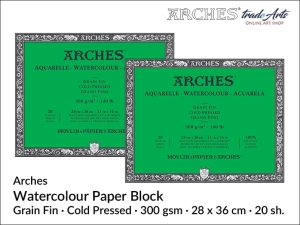  Arches Aquarelle blok akwarelowy drobnoziarnisty prasowany na zimno, 300 gsm, 28 x36 cm, 20 ark. 