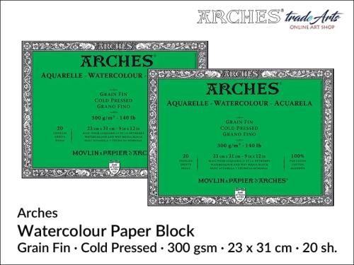 Blok akwarelowy Arches 23 x 31 cm,  Arches Watercolour Block Grain Fin CP 23 x 31 cm,  Arches Aquarelle Block Grain Fin CP 23 x 31 cm, blok akwarelowy prasowany na zimno Arches, bloki akwarelowe, Arches,