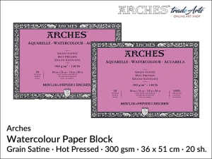  Arches Aquarelle blok akwarelowy satynowy gładki prasowany na gorąco, 300 gsm, 36 x 51 cm, 20 ark.