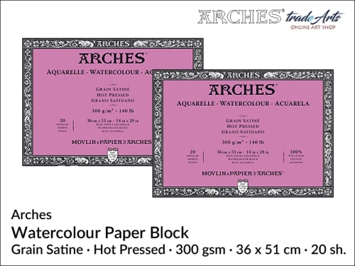 Blok akwarelowy Arches 36 x 51 cm,  Arches Watercolour Block Grain Satine HP 36 x 51 cm,  Arches Aquarelle Block Grain Satine HP 36 x 51 cm, blok akwarelowy prasowany na gorąco Arches, bloki akwarelowe, Arches,