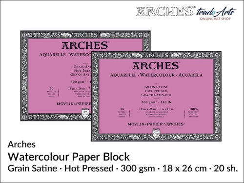 Blok akwarelowy Arches 18 x 26 cm,  Arches Watercolour Block Grain Satine HP 18 x 26 cm,  Arches Aquarelle Block Grain Satine HP 18 x 26 cm, blok akwarelowy prasowany na gorąco Arches, bloki akwarelowe, Arches,