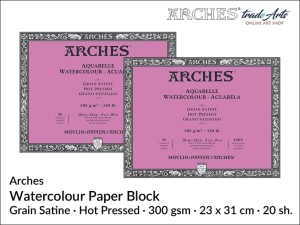  Arches Aquarelle blok akwarelowy satynowy gładki prasowany na gorąco, 300 gsm, 23 x 31 cm, 20 ark.