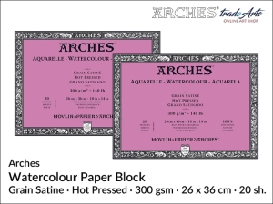  Arches Aquarelle blok akwarelowy satynowy gładki prasowany na gorąco, 300 gsm, 26 x 36 cm, 20 ark. 