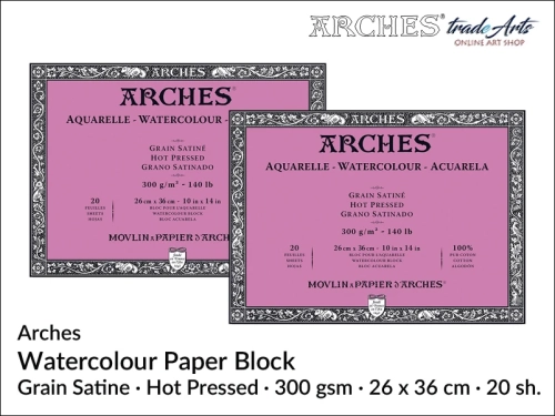 Blok akwarelowy Arches 26 x 36 cm,  Arches Watercolour Block Grain Satine HP 26 x 36 cm,  Arches Aquarelle Block Grain Satine HP 26 x 36 cm, blok akwarelowy prasowany na gorąco Arches, bloki akwarelowe, Arches,