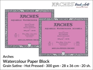  Arches Aquarelle blok akwarelowy satynowy gładki prasowany na gorąco, 300 gsm, 28 x 36 cm, 20 ark. 