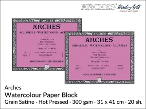  Arches Aquarelle blok akwarelowy satynowy gładki prasowany na gorąco, 300 gsm, 31 x 41 cm, 20 ark.