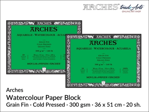 Blok akwarelowy Arches 36 x 51 cm,  Arches Watercolour Block Grain Fin CP 36 x 51 cm,  Arches Aquarelle Block Grain Fin CP 36 x 51 cm, blok akwarelowy prasowany na zimno Arches, bloki akwarelowe, Arches,
