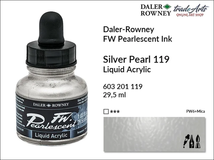 Tusz perłowy akrylowy Daler-Rowney FW Pearlescent Ink, Daler-Rowney Pearlescent Ink tusz perłowy akrylowy,  tusze perłowe FW Pearlescent Ink Daler-Rowney, tusz perłowy Silver Pearl Daler-Rowney, FW Pearlescent Ink Daler-Rowney, tusz akrylowy,