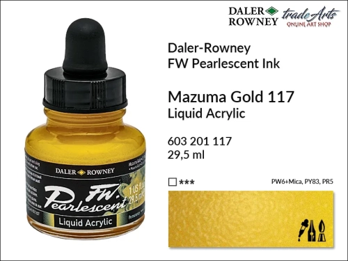 Tusz perłowy akrylowy Daler-Rowney FW Pearlescent Ink, Daler-Rowney Pearlescent Ink tusz perłowy akrylowy,  tusze perłowe FW Pearlescent Ink Daler-Rowney, tusz perłowy Mazuma Gold Daler-Rowney, FW Pearlescent Ink Daler-Rowney, tusz akrylowy,
