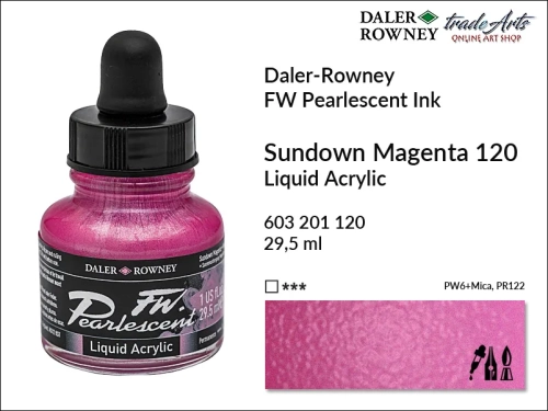 Tusz perłowy akrylowy Daler-Rowney FW Pearlescent Ink, Daler-Rowney Pearlescent Ink tusz perłowy akrylowy,  tusze perłowe FW Pearlescent Ink Daler-Rowney, tusz perłowy Sundown Magenta Daler-Rowney, FW Pearlescent Ink Daler-Rowney, tusz akrylowy,