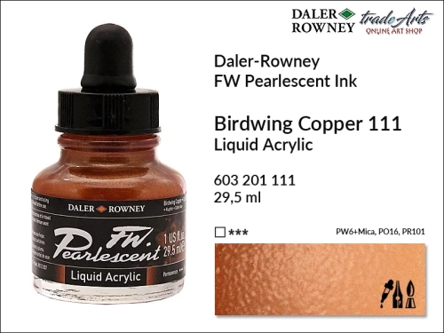 Tusz perłowy akrylowy Daler-Rowney FW Pearlescent Ink, Daler-Rowney Pearlescent Ink tusz perłowy akrylowy,  tusze perłowe FW Pearlescent Ink Daler-Rowney, tusz perłowy Birdwing Copper Daler-Rowney, FW Pearlescent Ink Daler-Rowney, tusz akrylowy,