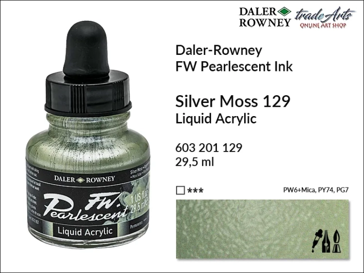 Tusz perłowy akrylowy Daler-Rowney FW Pearlescent Ink, Daler-Rowney Pearlescent Ink tusz perłowy akrylowy,  tusze perłowe FW Pearlescent Ink Daler-Rowney, tusz perłowy Silver Moss Daler-Rowney, FW Pearlescent Ink Daler-Rowney, tusz akrylowy,