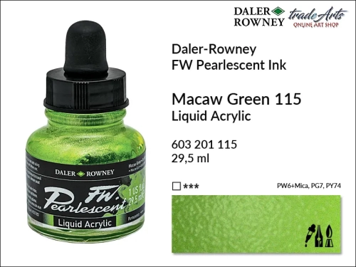 Tusz perłowy akrylowy Daler-Rowney FW Pearlescent Ink, Daler-Rowney Pearlescent Ink tusz perłowy akrylowy,  tusze perłowe FW Pearlescent Ink Daler-Rowney, tusz perłowy Macaw Green Daler-Rowney, FW Pearlescent Ink Daler-Rowney, tusz akrylowy,