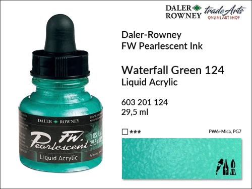 Tusz perłowy akrylowy Daler-Rowney FW Pearlescent Ink, Daler-Rowney Pearlescent Ink tusz perłowy akrylowy,  tusze perłowe FW Pearlescent Ink Daler-Rowney, tusz perłowy Waterfall Green Daler-Rowney, FW Pearlescent Ink Daler-Rowney, tusz akrylowy,