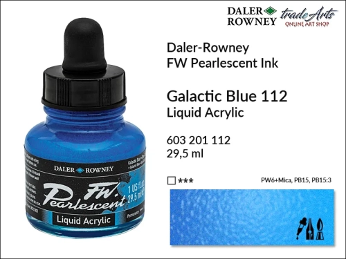 Tusz perłowy akrylowy Daler-Rowney FW Pearlescent Ink, Daler-Rowney Pearlescent Ink tusz perłowy akrylowy,  tusze perłowe FW Pearlescent Ink Daler-Rowney, tusz perłowy Galactic Blue Daler-Rowney, FW Pearlescent Ink Daler-Rowney, tusz akrylowy,
