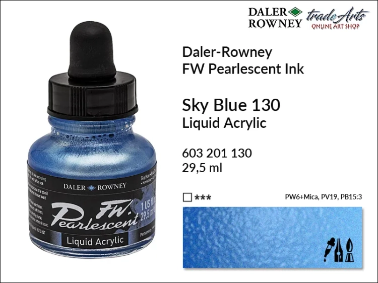 Tusz perłowy akrylowy Daler-Rowney FW Pearlescent Ink, Daler-Rowney Pearlescent Ink tusz perłowy akrylowy,  tusze perłowe FW Pearlescent Ink Daler-Rowney, tusz perłowy Sky Blue Daler-Rowney, FW Pearlescent Ink Daler-Rowney, tusz akrylowy,