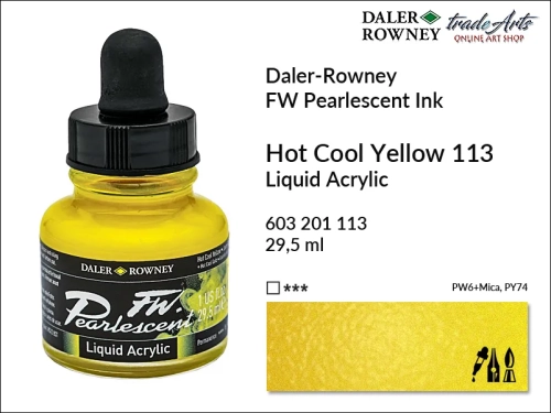 Tusz perłowy akrylowy Daler-Rowney FW Pearlescent Ink, Daler-Rowney Pearlescent Ink tusz perłowy akrylowy,  tusze perłowe FW Pearlescent Ink Daler-Rowney, tusz perłowy Hot Cool Yellow Daler-Rowney, FW Pearlescent Ink Daler-Rowney, tusz akrylowy,