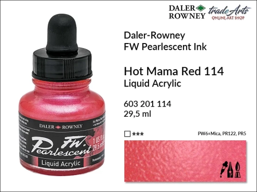 Tusz perłowy akrylowy Daler-Rowney FW Pearlescent Ink, Daler-Rowney Pearlescent Ink tusz perłowy akrylowy,  tusze perłowe FW Pearlescent Ink Daler-Rowney, tusz perłowy Hot Mama Red Daler-Rowney, FW Pearlescent Ink Daler-Rowney, tusz akrylowy,