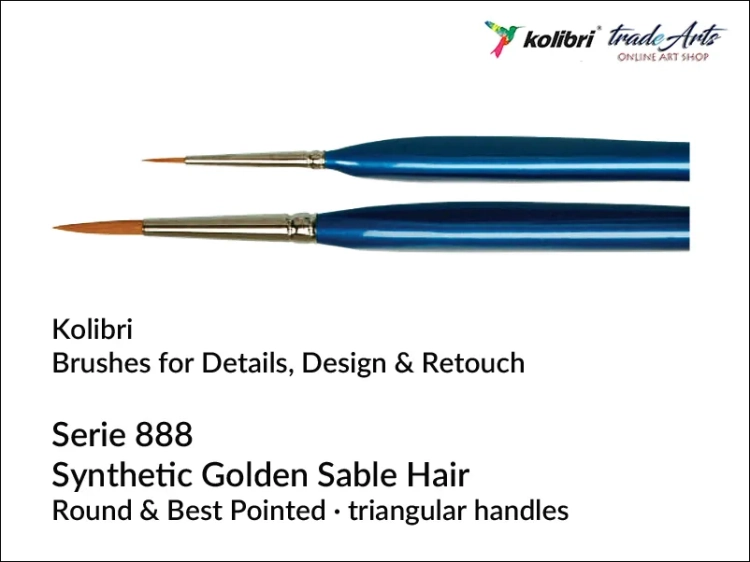 Kolibri Design &amp; Retouch Brushes Serie 888, pędzel retuszerski okrągły Kolibri Synthetic Golden Sable seria 888, Kolibri Golden Sable seria 888 pędzel retuszerski okrągły, pędzel do detali okrągły Kolibri seria 888,  Kolibri seria 888,
