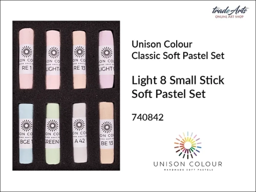 Unison Colour Light 8 Small Stick Soft Pastel Set, zestaw pasteli podstawowych jasnych Unison Colour Light 8 Small Stick Soft Set, zestaw pasteli podstawowych jasnych Unison Colour Light 8 Small Stick Soft Set, pastele jasne kolory, pastele suche jasne,