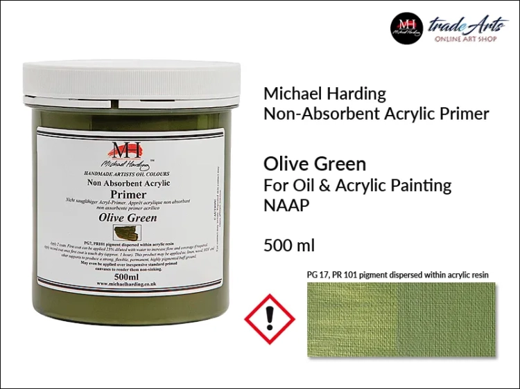 Non-Absorbent Acrylic Primer NAAP Olive Green MH, podkład malarski niechłonny Olive Green MH, podkład malarski Olive Green NAAP Michael Harding, podkład do farb olejnych NAAP Olive Green Michael Harding, podkład malarski kolorowy,