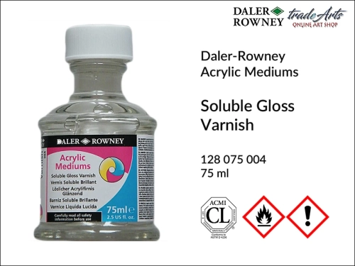 Soluble Gloss Varnish Daler-Rowney 75 ml, werniks błyszczący usuwalny do farb akrylowych Daler-Rowney, Daler-Rowney werniks błyszczący usuwalny do akryli, werniks błyszczący do farb akrylowych Daler-Rowney,  werniksy, akryle,