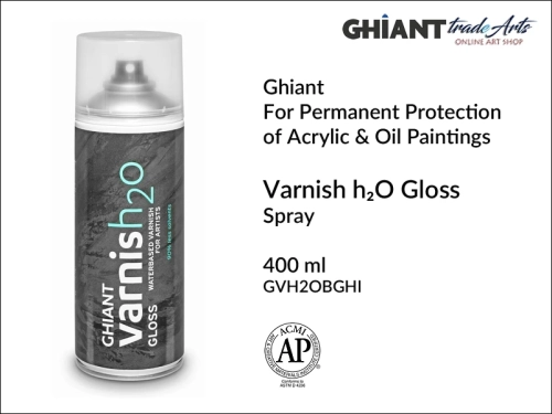 Ghiant Varnish H2O Gloss 400 ml for oil &amp; acrylic paints, werniks błyszczący uniwersalny w aerozolu Ghiant Varnish H2O, Ghiant Varnish H2O werniks błyszczący uniwersalny, werniks uniwersalny w aerozolu 400 ml Ghiant, werniksy,
