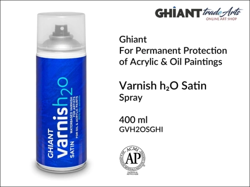 Ghiant Varnish H2O Satin 400 ml for oil &amp; acrylic paints, werniks satynowy uniwersalny w aerozolu Ghiant Varnish H2O, Ghiant Varnish H2O werniks satynowy uniwersalny, werniks uniwersalny w aerozolu 400 ml Ghiant, werniksy,
